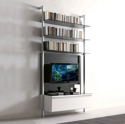 Libreria Capri in metallo con ripiani in vetro e cassetto laccato di Ponti Terenghi